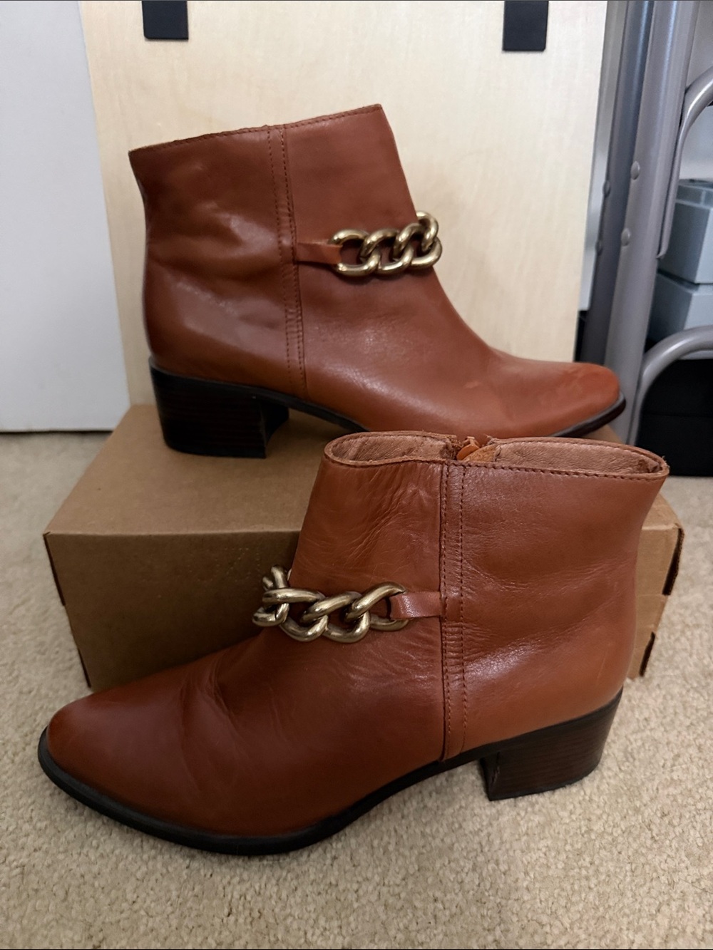 Corso Como Cognac Leather Ankle Boots with Chunky Gold Chain